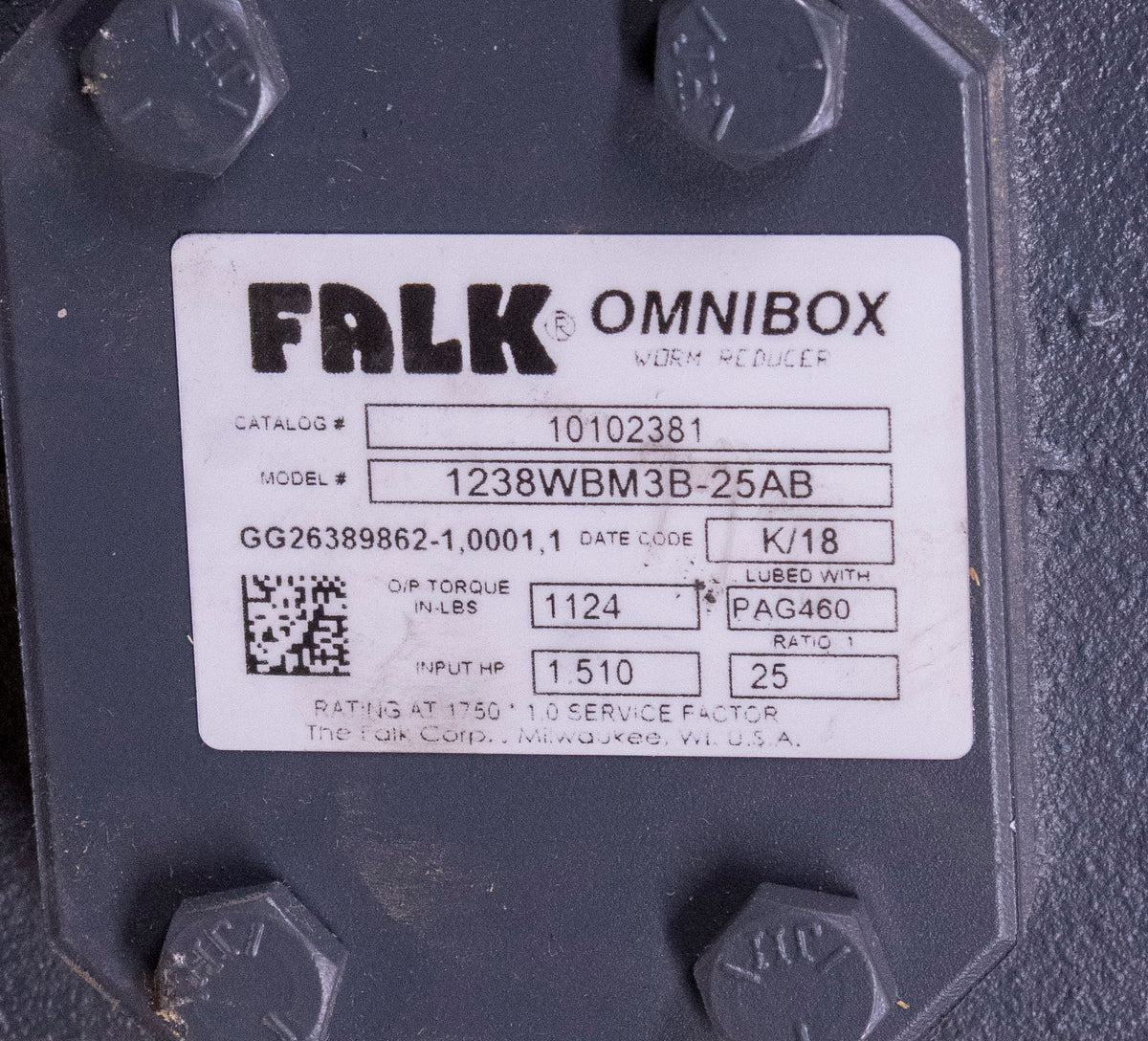 Falk 1238WBM3B25AB 10102381 Omnibox Worm Reducer Hydraulic Junkyard