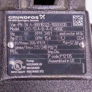 Grundfos 96083077 CR 3-13 A-B-A-E-HQQE MULTISTAGE PUMP 3HP 1 PHASE 115/208-230V
