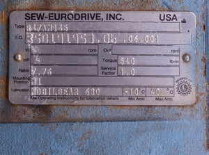 Sew-Eurodrive R47AM145 7.76 ratio Gear Motor Reducer